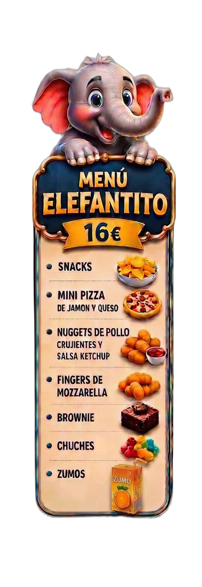 Menú Elefantito - 16€ por niño - Snacks variados, Mini Pizza de Jamón y Queso, Nuggets de Pollo crujientes + Ketchup, Fingers de Mozzarella, Brownie casero, Chuches variadas, Zumos de fruta