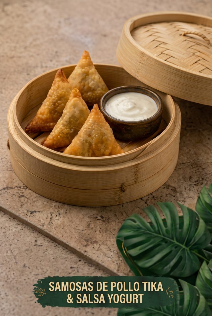 Samosas de pollo tika (Salsa Yogurt)